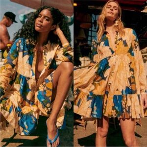 Sezane Farm Rio Hilma Long Sleeve Mini Shirt Dress Floral Mandacaru Multi